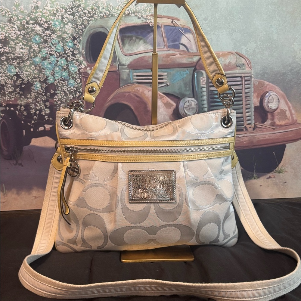 Coach Cream Signature Poppy Shoulder Bag with Yellow Trim